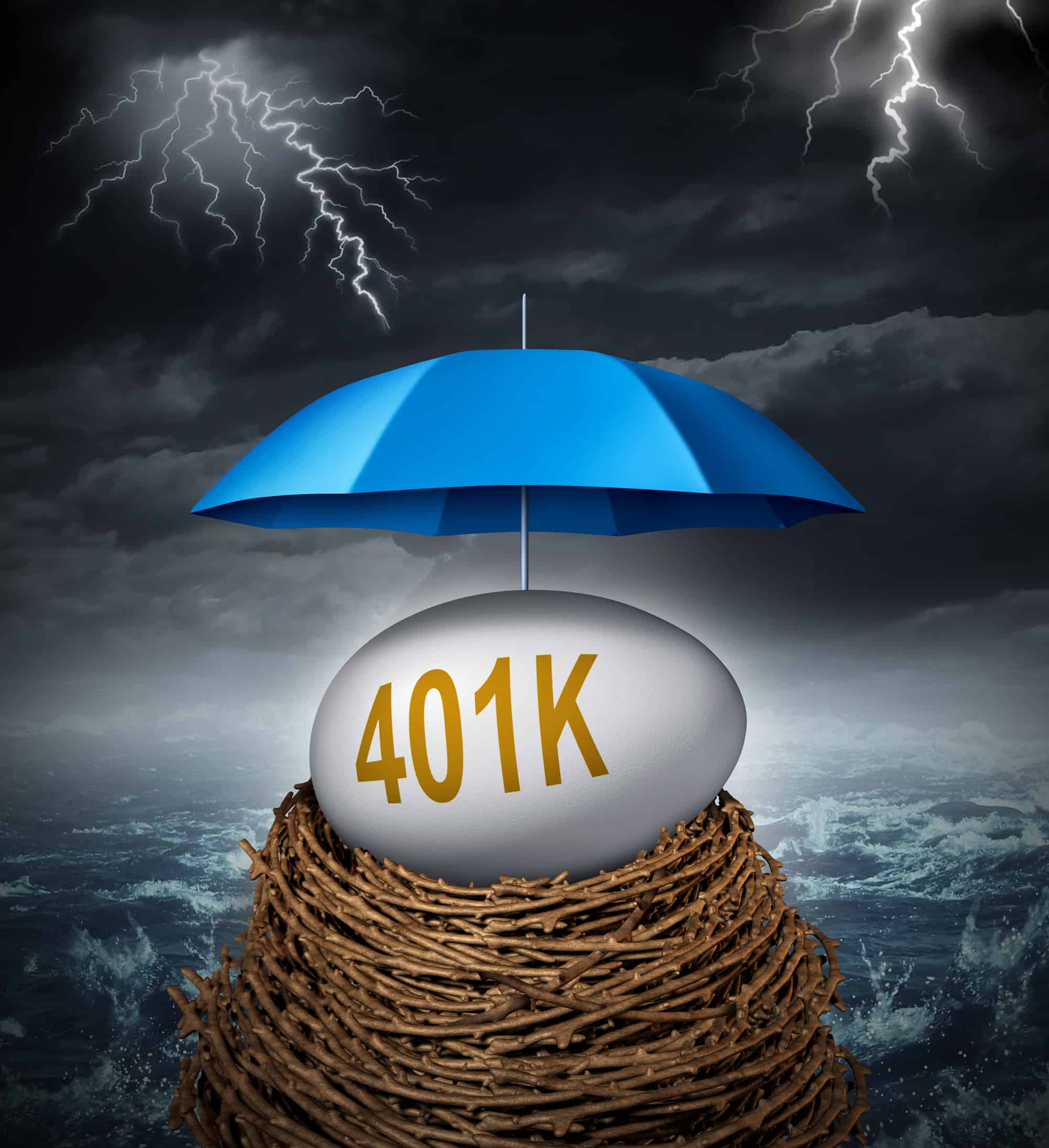 an egg with '401k' spelled on it in a nest during a storm in an ocean storm