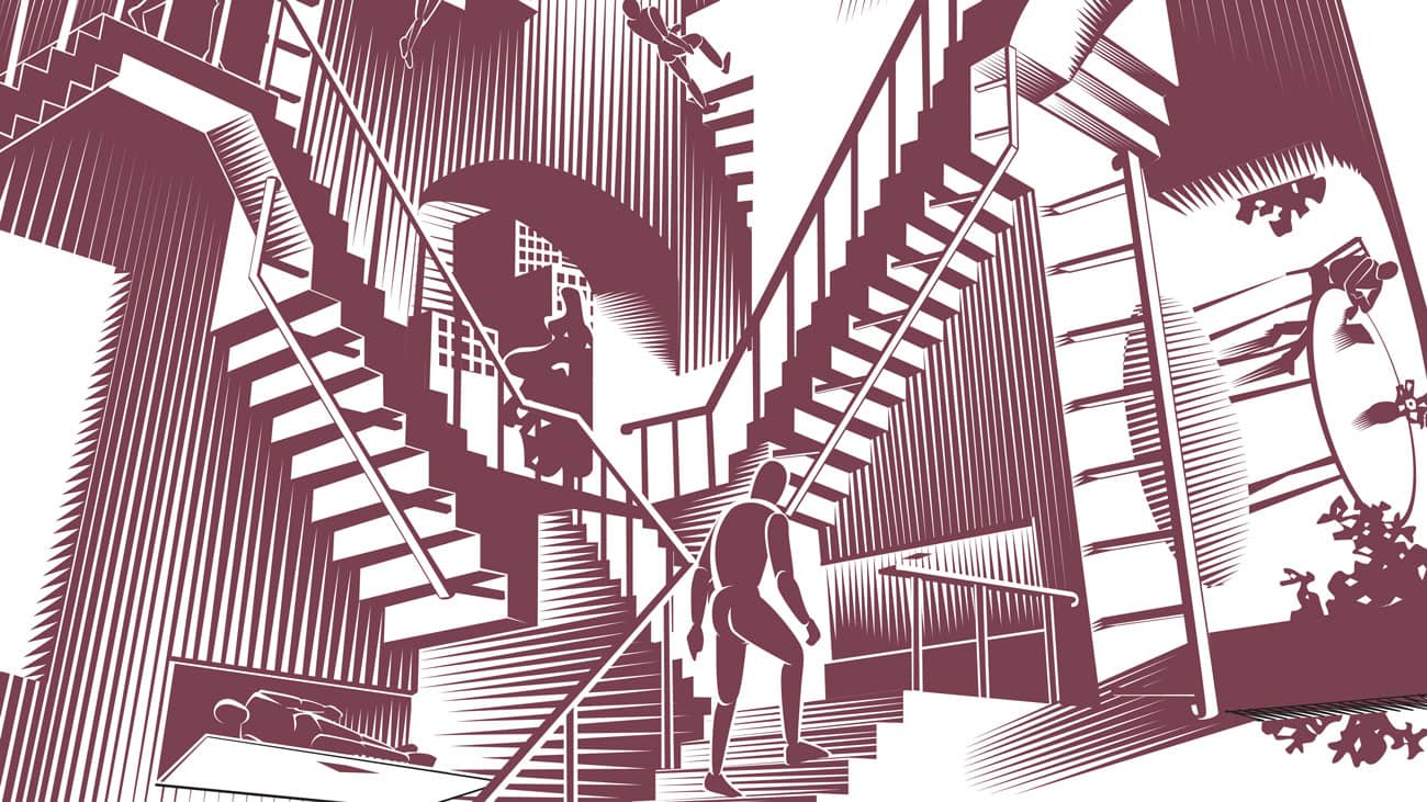stairways lead up, down, and sideways in an Escher-like illustration