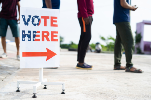 A line of voters waits outside a polling place