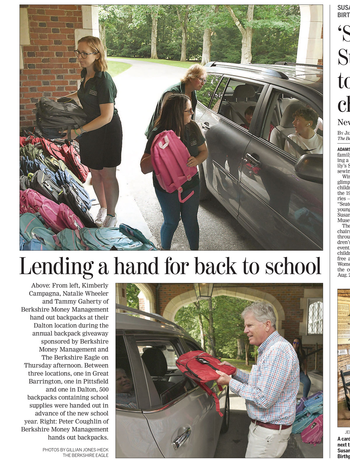 Press clipping featuring images of backpack giveaway