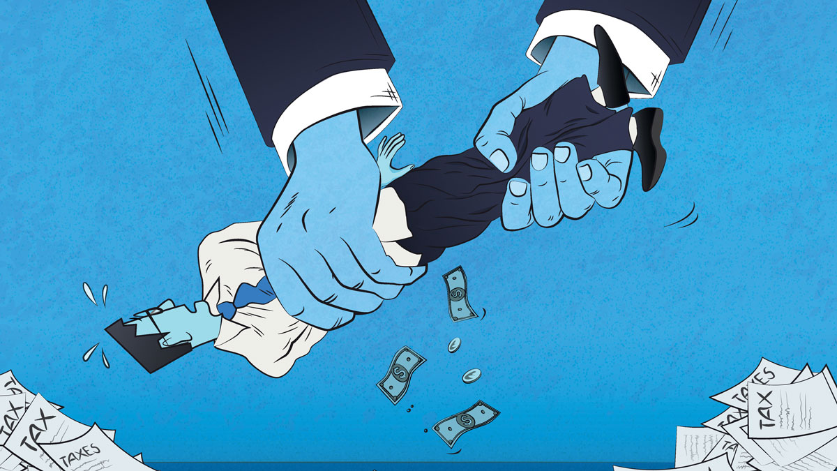 Cartoon of two hands wringing money out of a business man over piles of tax bills.